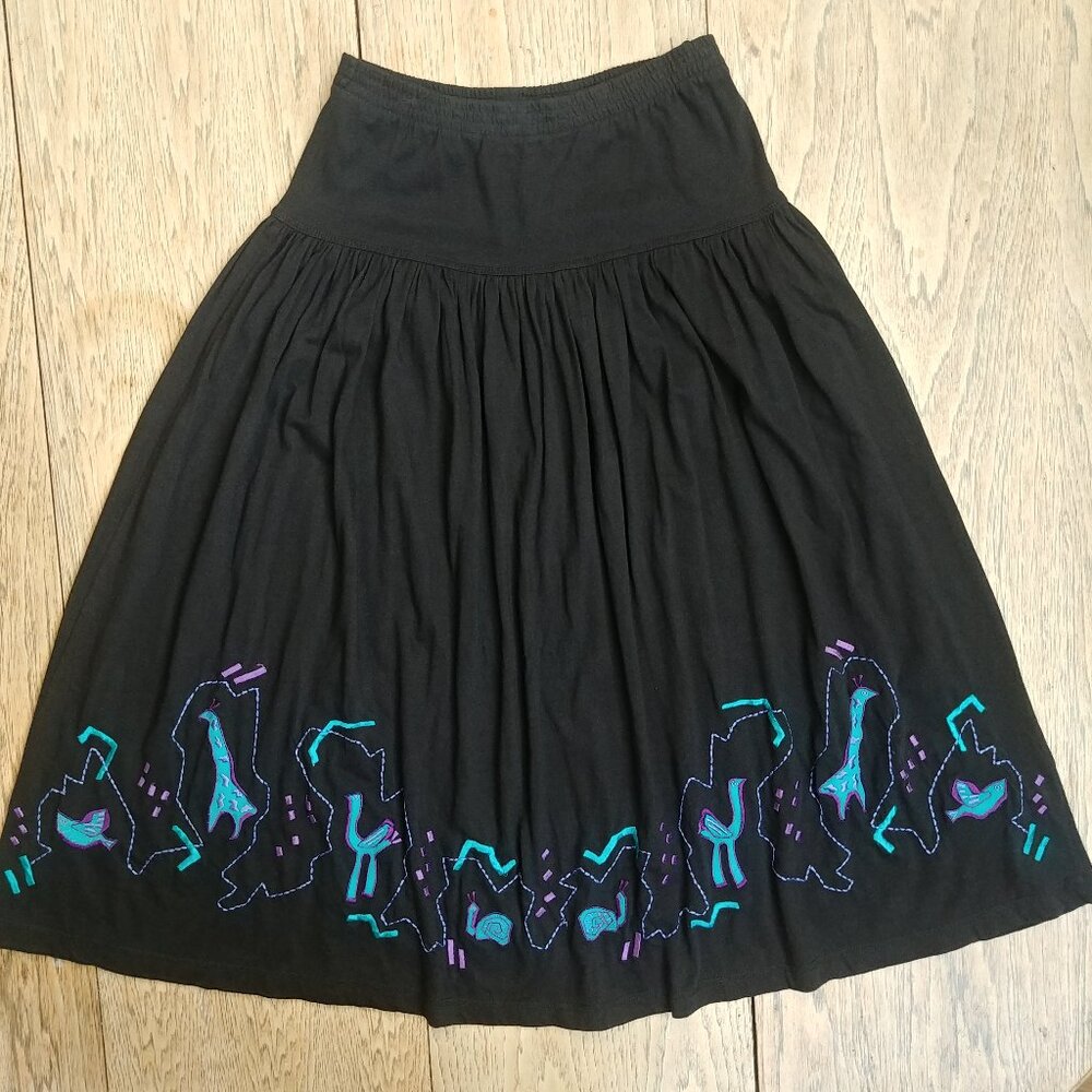 Vintage Studio 1201 100% cotton stretch black embroidered midi skirt size 8
